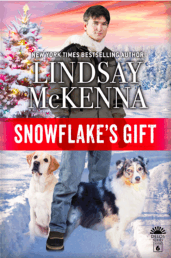 Book Cover for Snowflake's Gift by Lindsay McKenna featuring man in winter coat and jeans in a snowy landscape with two dogs beside his legs