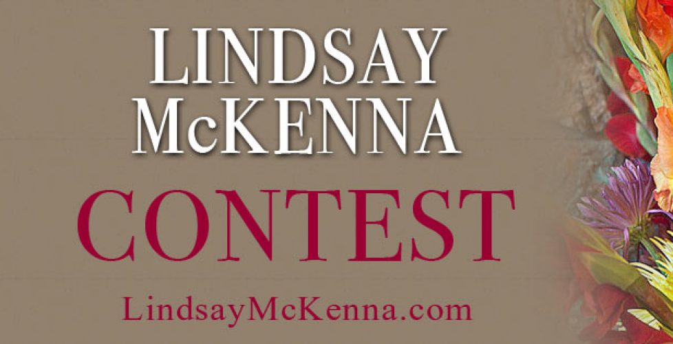 Banner for Lindsay McKenna Contests featuring bouquet of orange, yellow, and red flowers on a light brown background