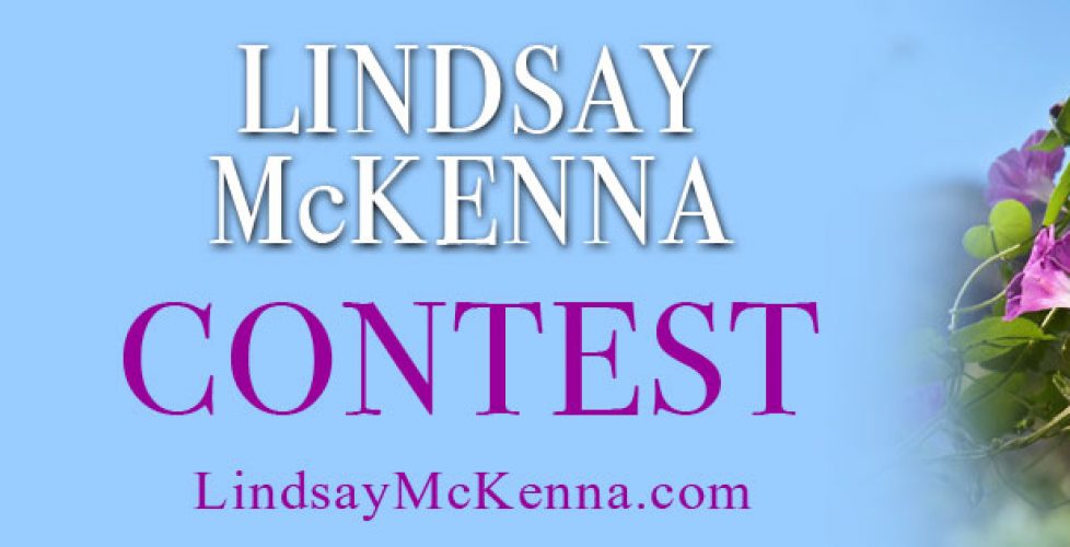 Lindsay McKenna Contest banner on blue background with Morning Glory flowers