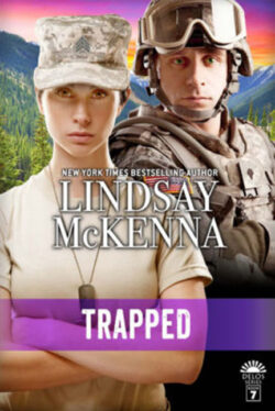 Book cover for Trapped by Lindsay McKenna featuring femail soldier in white t-shirt and male soldier in camouflage in front of mountains