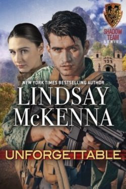 Book cover for Unforgettable, Shadow Team book 4 by Lindsay McKenna showing male soldier holding firearm and female soldier behind him