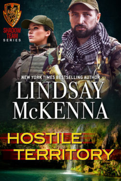 Book Cover for Hostile Territory by Lindsay McKenna featuring male and female soldier above tropical waterfall