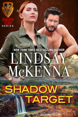 Book Cover for Shadow Target by Lindsay McKenna featuring redheaded female pilot and shirtless dark haired man with background of waterfall in Ethiopia