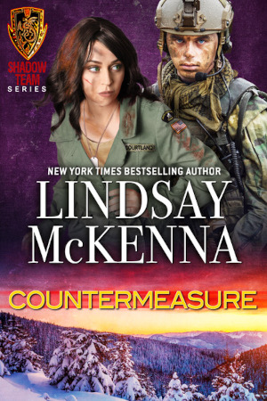 Book cover for Countermeasure by Lindsay McKenna featuring woman in flight suit and man in military gear above snowy mountain range with conifers