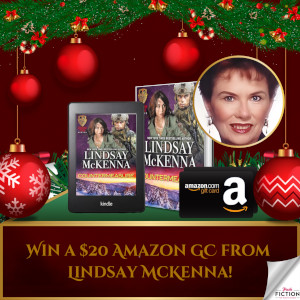 December Contest flyer from Fresh Fiction featuring a the book cover for Countermeasure by Lindsay Mckenna, a picture of the author, and an Amazon gift card on a maroon background with pine boughs and Christmas ornaments