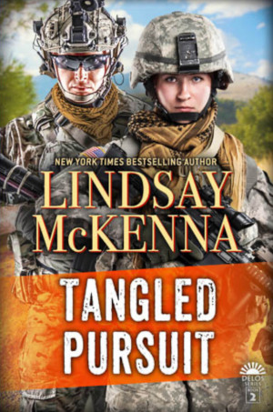 Book cover for Tangled Pursuit by Lindsay Mckenna, featuring a male and female soldier in cammo uniforms holding rifles in front of a blue sky and mountains in the background