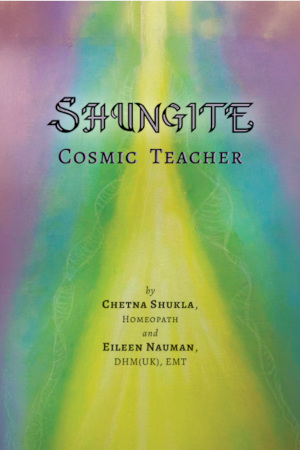 Book cover for Shungite: Cosmic Healer by Chetna Shukla and Eileen Nauman, featuring pastel rainbow of purple, blue, green, yellow, and gold